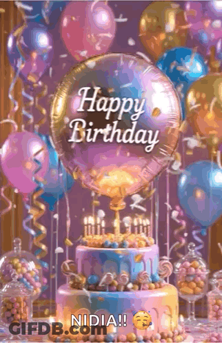 A Birthday Cake With Balloons And Candy On It GIF