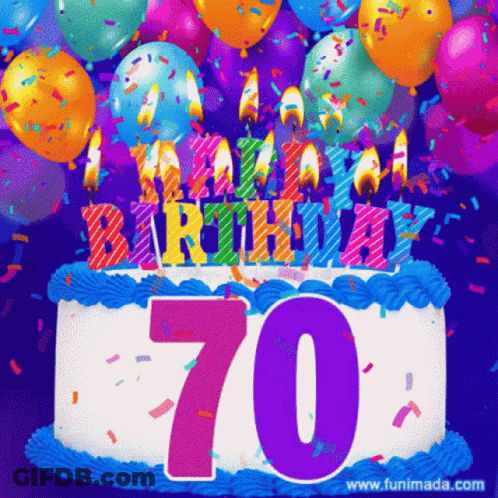 A Birthday Cake With Balloons And Confetti And The Number 70 On It GIF