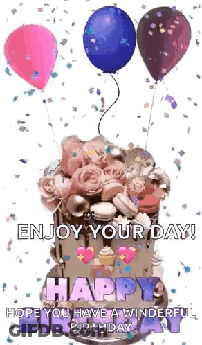 A Birthday Cake With Balloons And Confetti And The Words `` Enjoy Your Day ! '' GIF