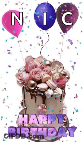 A Birthday Cake With Balloons And Confetti And The Words `` Happy Birthday '' Written On It GIF