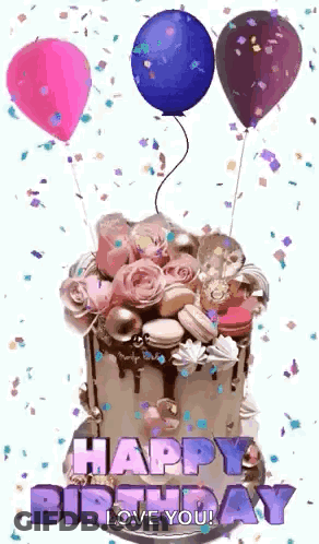 A Birthday Cake With Balloons And Confetti On It And The Words `` Happy Birthday Love You '' Written On It . GIF