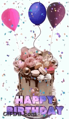 A Birthday Cake With Balloons And Confetti On It And The Words `` Happy Birthday '' Written On It . GIF
