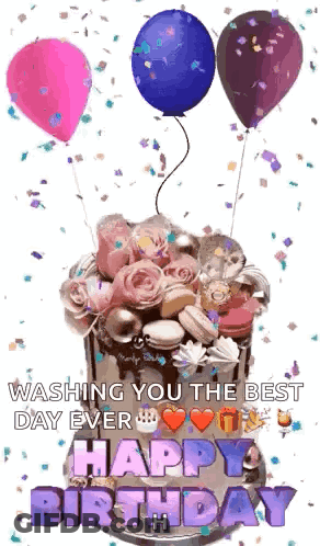 Birthday Cake With Balloons Confetti Happy Birthday GIF
