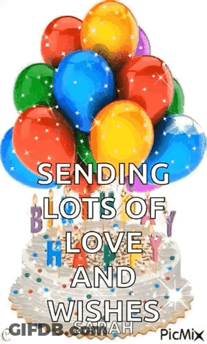 A Birthday Cake With Balloons On Top Of It And The Words `` Sending Lots Of Birthday Love And Wishes '' . GIF