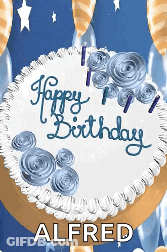 A Birthday Cake With Blue Frosting And Candles That Says Happy Birthday Alfred GIF