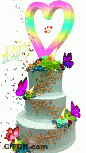 A Birthday Cake With Butterflies And A Heart That Says " Happy Birthday " GIF