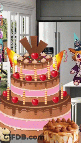 A Birthday Cake With Candles And A Stuffed Animal Wearing A Free Fire Hat GIF