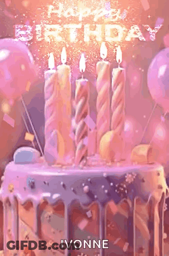 A Birthday Cake With Candles And Balloons And The Words Happy Birthday Written On It GIF