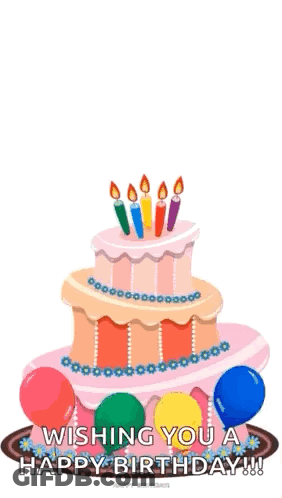 A Birthday Cake With Candles And Balloons On It GIF