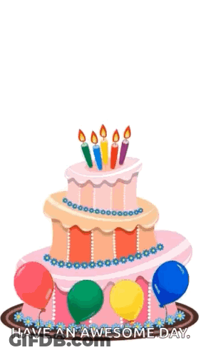 A Birthday Cake With Candles And Balloons On It GIF