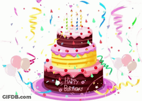 A Birthday Cake With Candles And Confetti Says Happy Birthday GIF