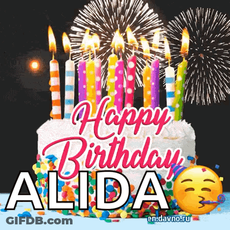 A Birthday Cake With Candles And Fireworks In The Background For Alida . GIF