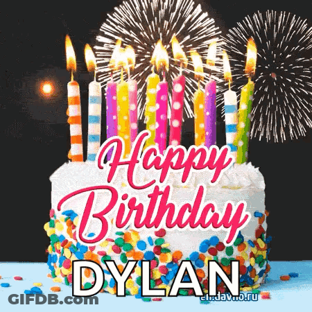 A Birthday Cake With Candles And Fireworks In The Background For Dylan . GIF