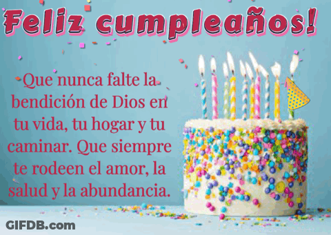 A Birthday Cake With Candles And Sprinkles And The Words Feliz Cumpleanos On The Bottom GIF