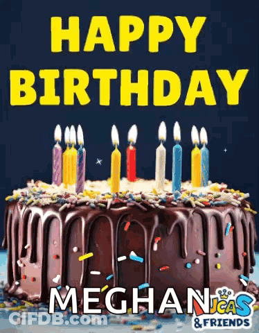 A Birthday Cake With Candles And Sprinkles And The Words `` Happy Birthday Meghan '' GIF