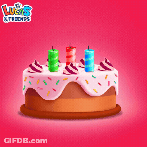 A Birthday Cake With Candles And Sprinkles And The Words Happy Lucas & Friends GIF