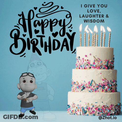 A Birthday Cake With Candles And Sprinkles And The Words " I Give You Love Laughter And Wisdom " On It GIF
