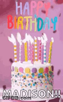 A Birthday Cake With Candles And Sprinkles On It Is On A Table . GIF