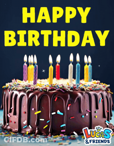 A Birthday Cake With Candles And Sprinkles With The Words Happy Birthday Lucas & Friends GIF