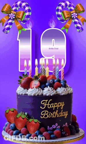 A Birthday Cake With Candles And The Number 19 On It GIF