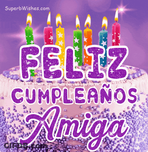 A Birthday Cake With Candles And The Words Feliz Cumpleanos Amiga GIF