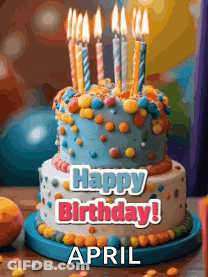 A Birthday Cake With Candles And The Words Happy Birthday April On It GIF