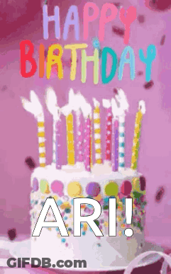 A Birthday Cake With Candles And The Words Happy Birthday Ari Written On It GIF