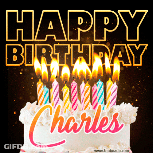 A Birthday Cake With Candles And The Words Happy Birthday Charles Above It GIF