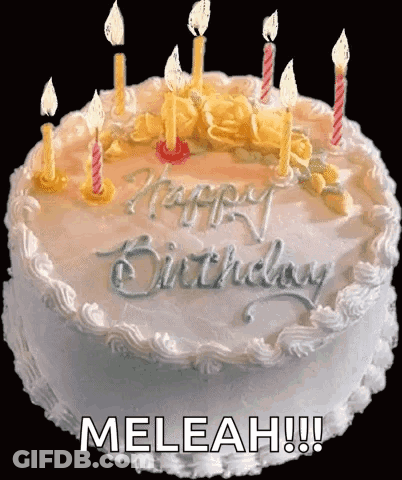 A Birthday Cake With Candles And The Words " Happy Birthday Meleah " On It GIF