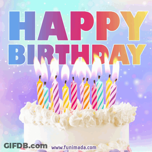 A Birthday Cake With Candles Lit Up And The Words Happy Birthday Above It GIF