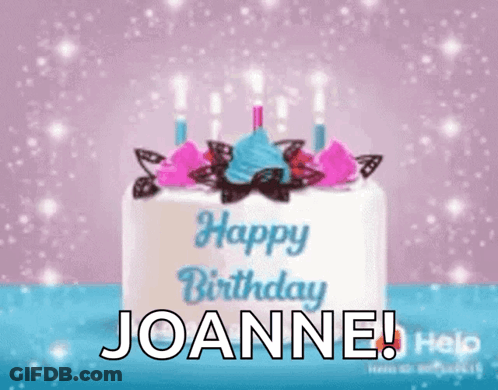 A Birthday Cake With Candles On It And The Name Joanne On It . GIF