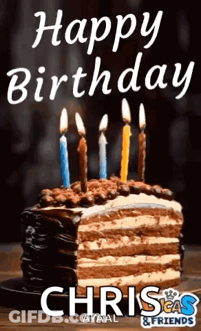 A Birthday Cake With Candles On It And The Words Happy Birthday Chris & Friends GIF