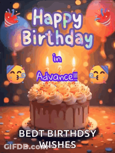 A Birthday Cake With Candles On It And The Words `` Happy Birthday In Advance !!! Best Birthday Wishes '' . GIF