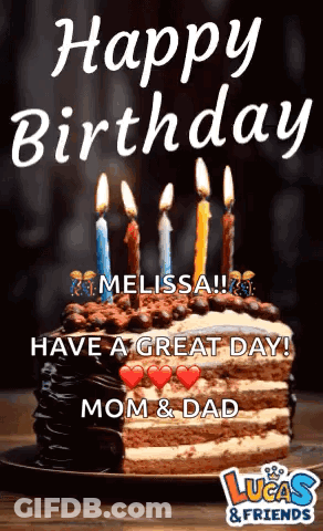 A Birthday Cake With Candles On It And The Words Happy Birthday Melissa Have A Great Day Mom & Dad GIF