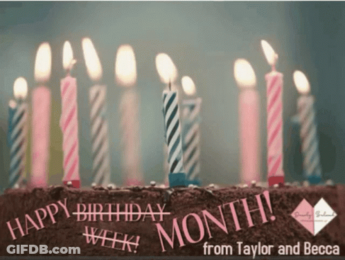A Birthday Cake With Candles On It And The Words Happy Birthday Month From Taylor And Becca GIF