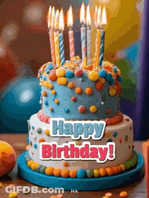 Birthday Cake With Candles And Happy Birthday Text GIF