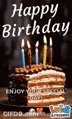 A Birthday Cake With Candles On It Is On A Plate . GIF