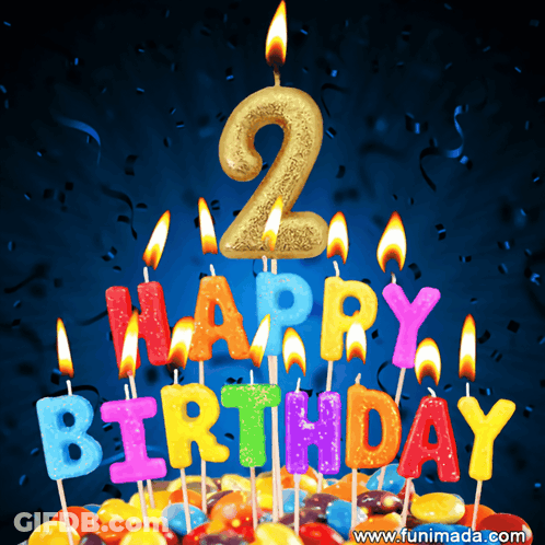 A Birthday Cake With Candles That Say Happy Birthday And The Number 2 GIF