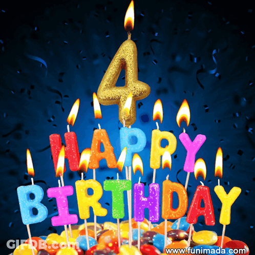A Birthday Cake With Candles That Say Happy Birthday And The Number 4 GIF
