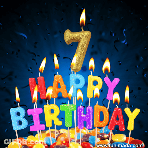 A Birthday Cake With Candles That Say Happy Birthday And The Number 7 GIF
