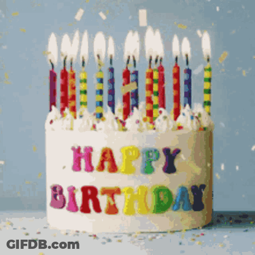 A Birthday Cake With Candles That Say Happy Birthday On It GIF
