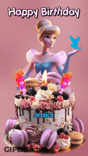 A Birthday Cake With Cinderella On It And The Name Jessica On The Bottom GIF