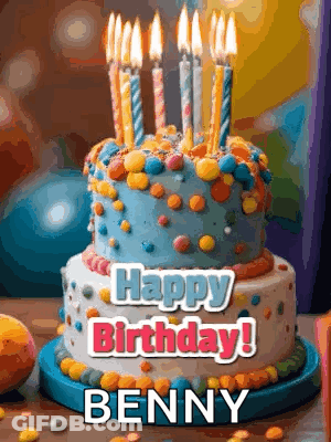 A Birthday Cake With Lit Candles And The Name Benny On It . GIF