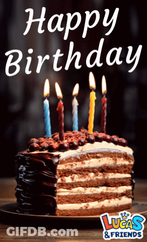 A Birthday Cake With Lit Candles And The Words Happy Birthday Lucas & Friends GIF