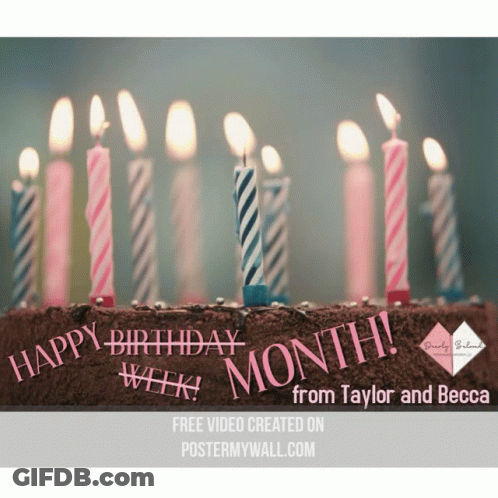 A Birthday Cake With Many Lit Candles And The Words Happy Birthday Month From Taylor And Becca GIF