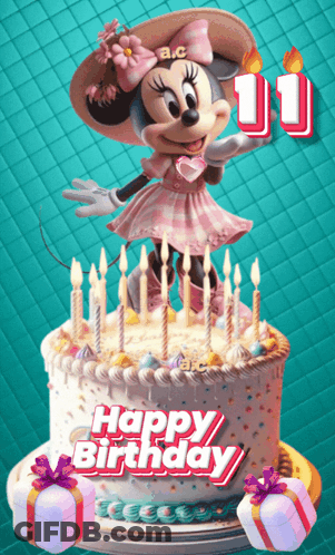 A Birthday Cake With Minnie Mouse On Top And The Words Happy Birthday GIF