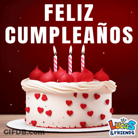 A Birthday Cake With Red Hearts And Candles Says Lucas & Friends GIF