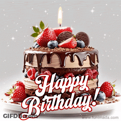 A Birthday Cake With Strawberries And Blueberries And A Lit Candle GIF