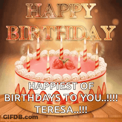 A Birthday Cake With Strawberries And Candles On It GIF