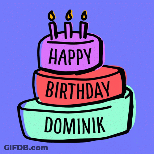 A Birthday Cake With The Name Dominik On The Bottom GIF